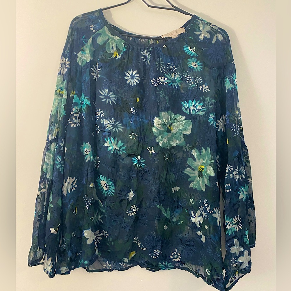 LOFT sheer blue velvet burnout shirt top floral print 🌺